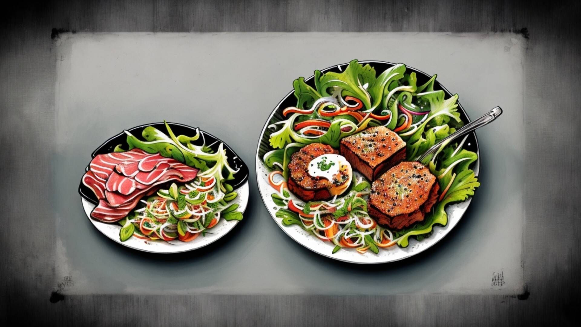 Default A Plate Of Food With Meat And Salad Comic Book Illustr 0