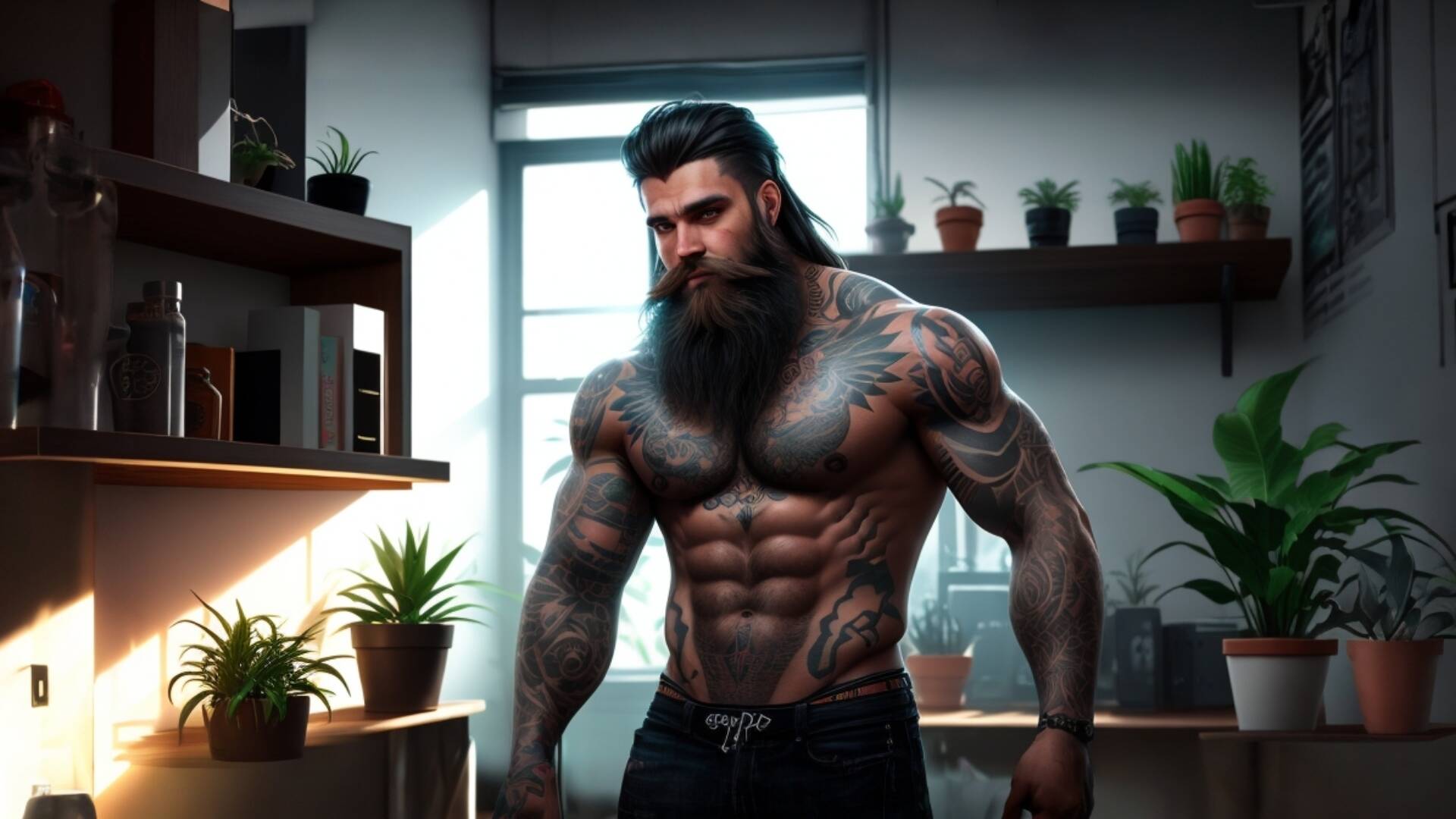 Default Tattooed Man Full Beard Neon Lights Throughout Room An 0