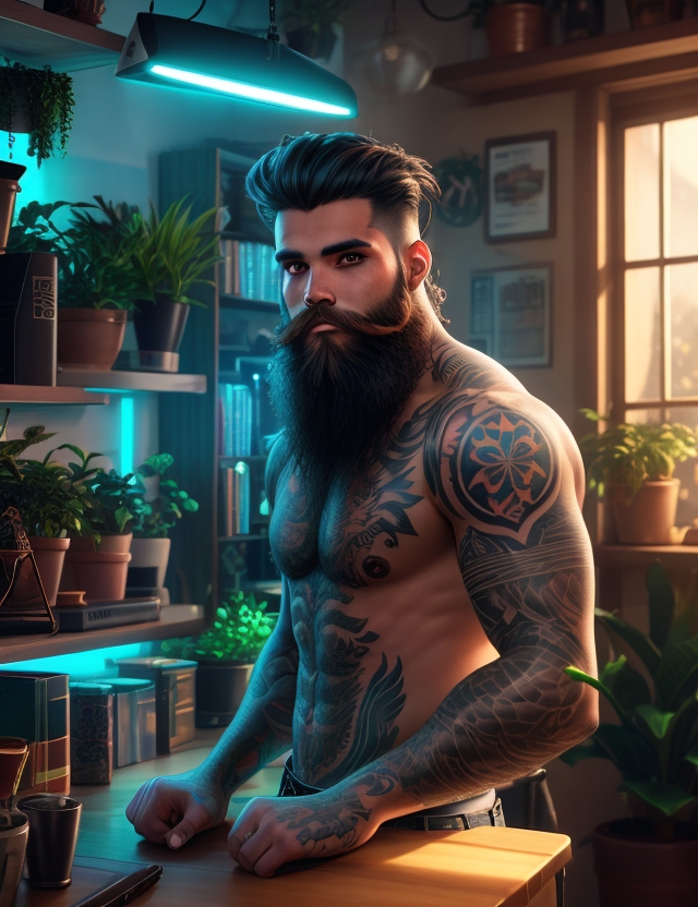 Dreamshaper V7 Tattooed Man Full Beard Neon Lights Throughout 0