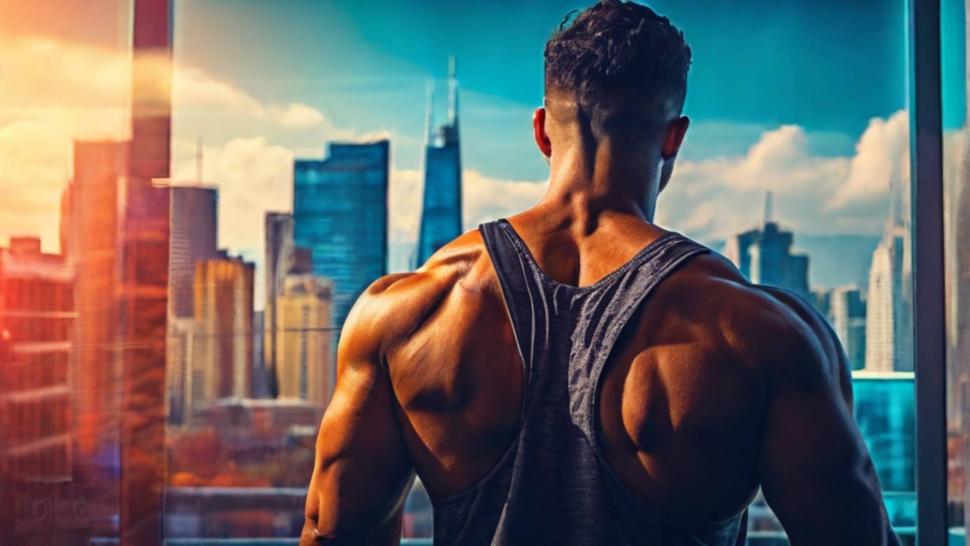 Default A Man Exercising His Back In A Gym Cityscape Colorful 0