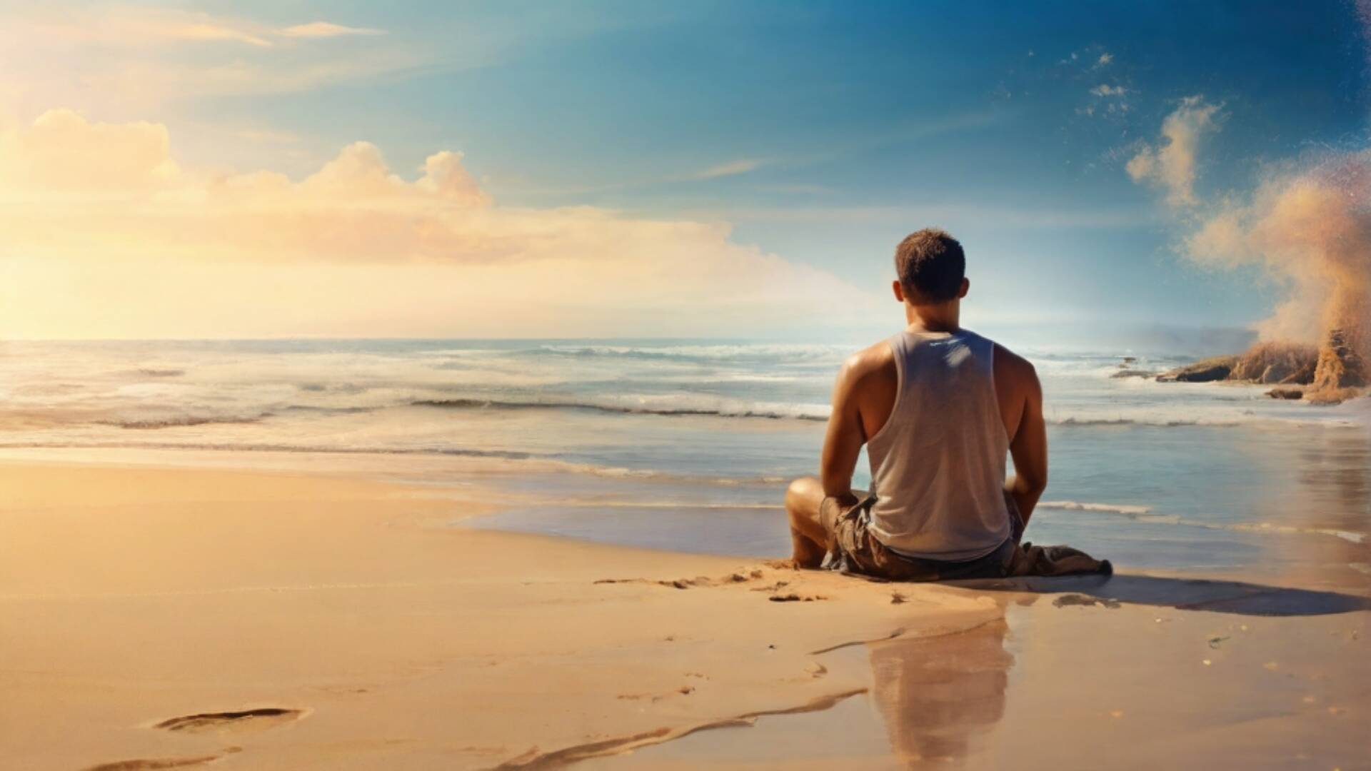 Default A Man Sitting On The Beach Sand Admiring The Beauty Of 0