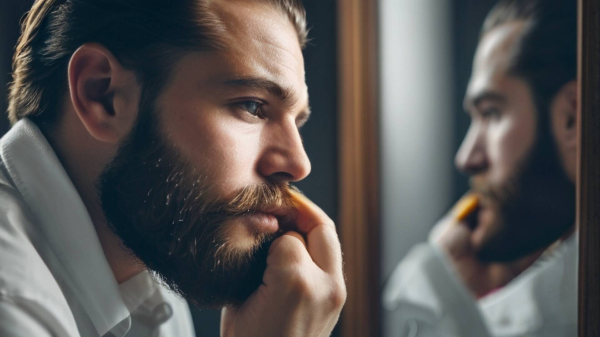 Default A Man Combing His Beard In Front Of A Mirror Detailed 0