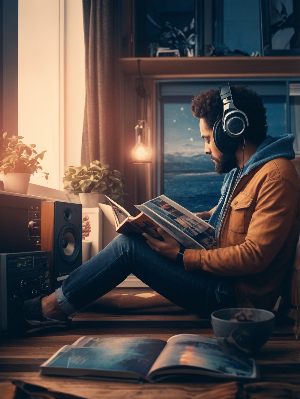 Default A Man Sitting Next To A Stereo Holding An Album Cover 0