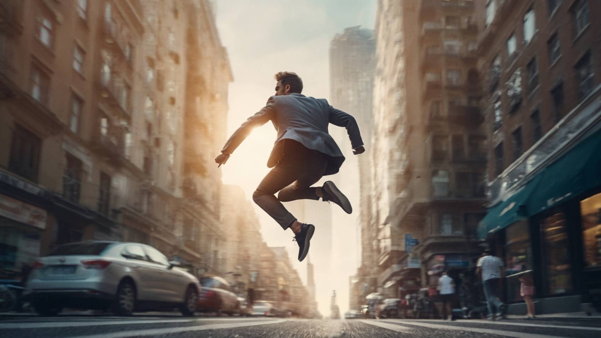 Default An Elegant Man Jumping Down The City Street Cinematic 0