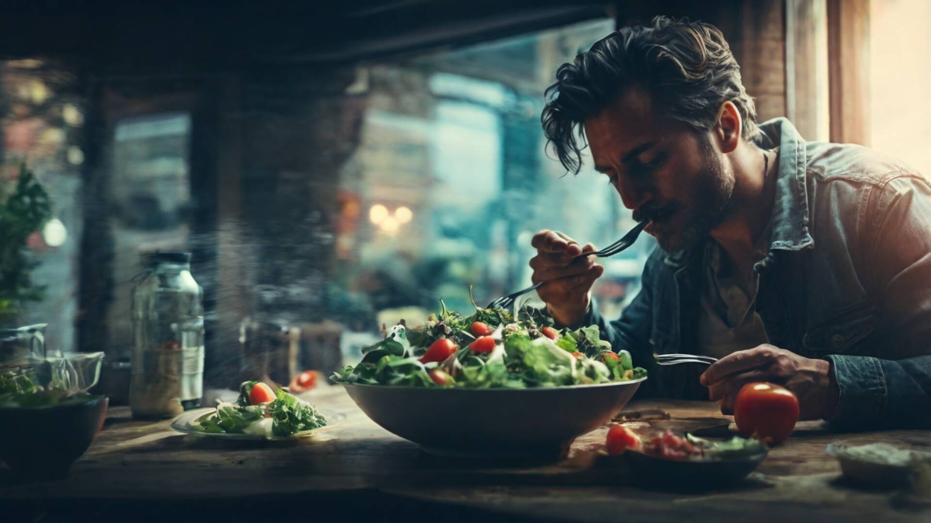 A Man Eating A Salad Realistic Cinematic 0